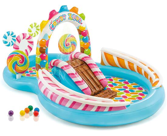 57149 Игровой центр Intex Территория сладостей, 295 х 191 х 130 см, с разбрызбрызгивателем, горкой и игрушками, до 81кг