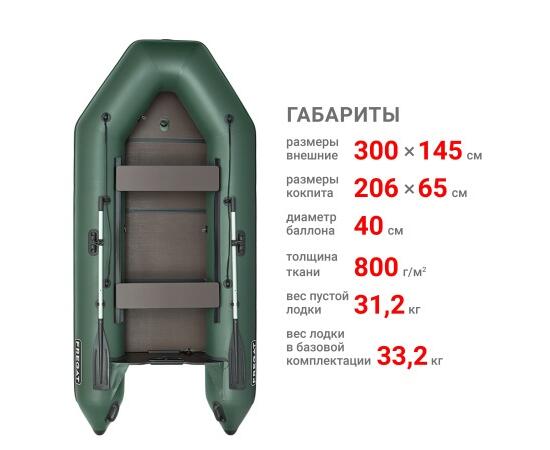 Надувная лодка Фрегат 300 ЕК с килем Зеленый
