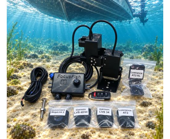 Электрический привод наклона датчика Перспективы FocusFish с переходом в Форвард (универсальный вариант LVS34, LVS42/44, AT2, AT2-XL, ML2) для эхолотов Garmin и Lowrance